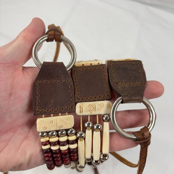 Vintage Southwestern Tie Belt Hairpipe Bone Beaded Leather - Picture 4 of 6